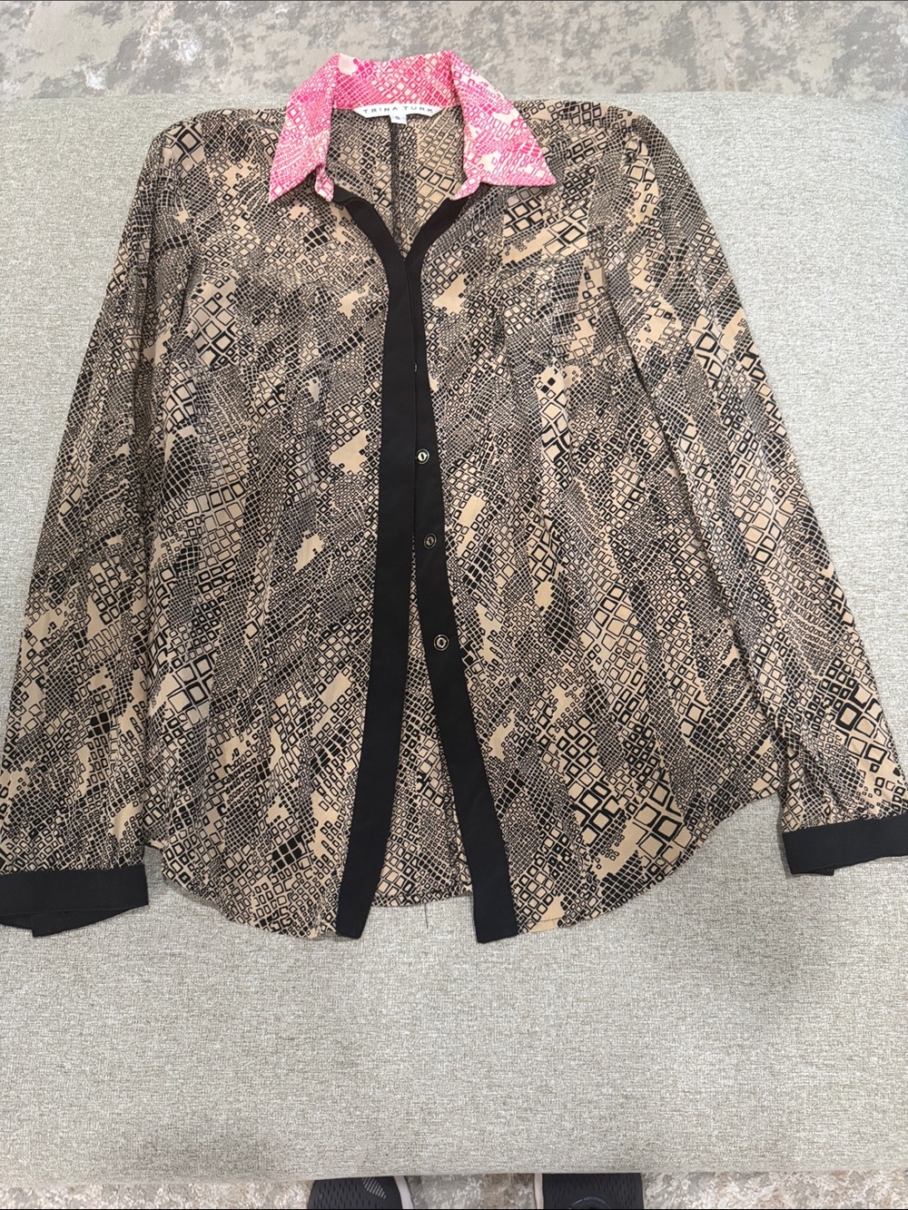 Trina Turk Tan and Black Patterned Button-Down with Pink Contrast Collar